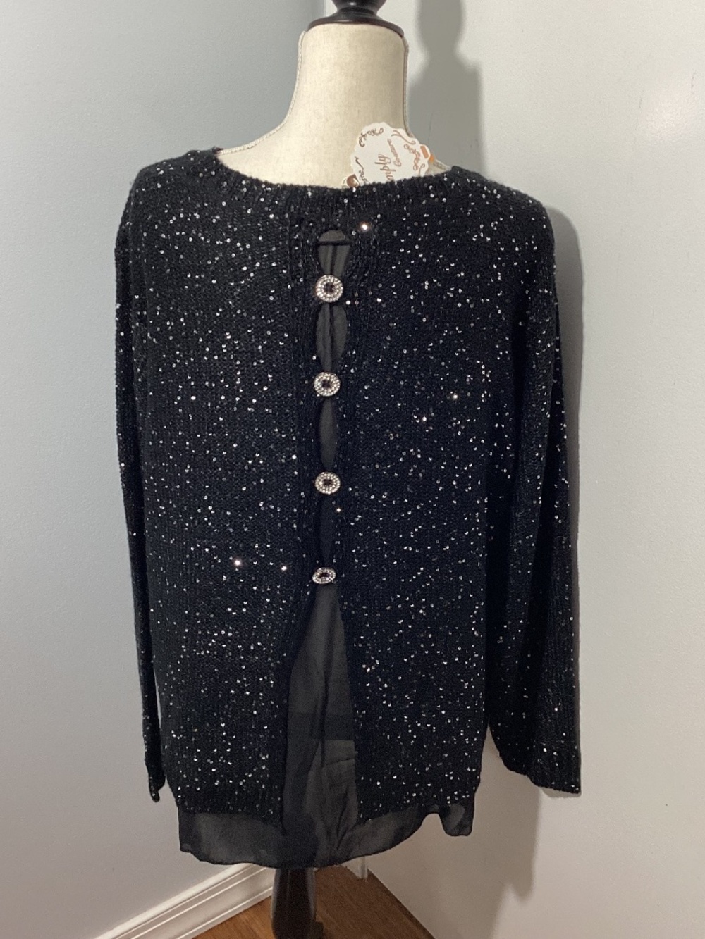 NWT SIMPLY COUTURE XL BLACK SEQUINS SWEATER CHFFON LINING JEWEL BUTTONS PARTY
